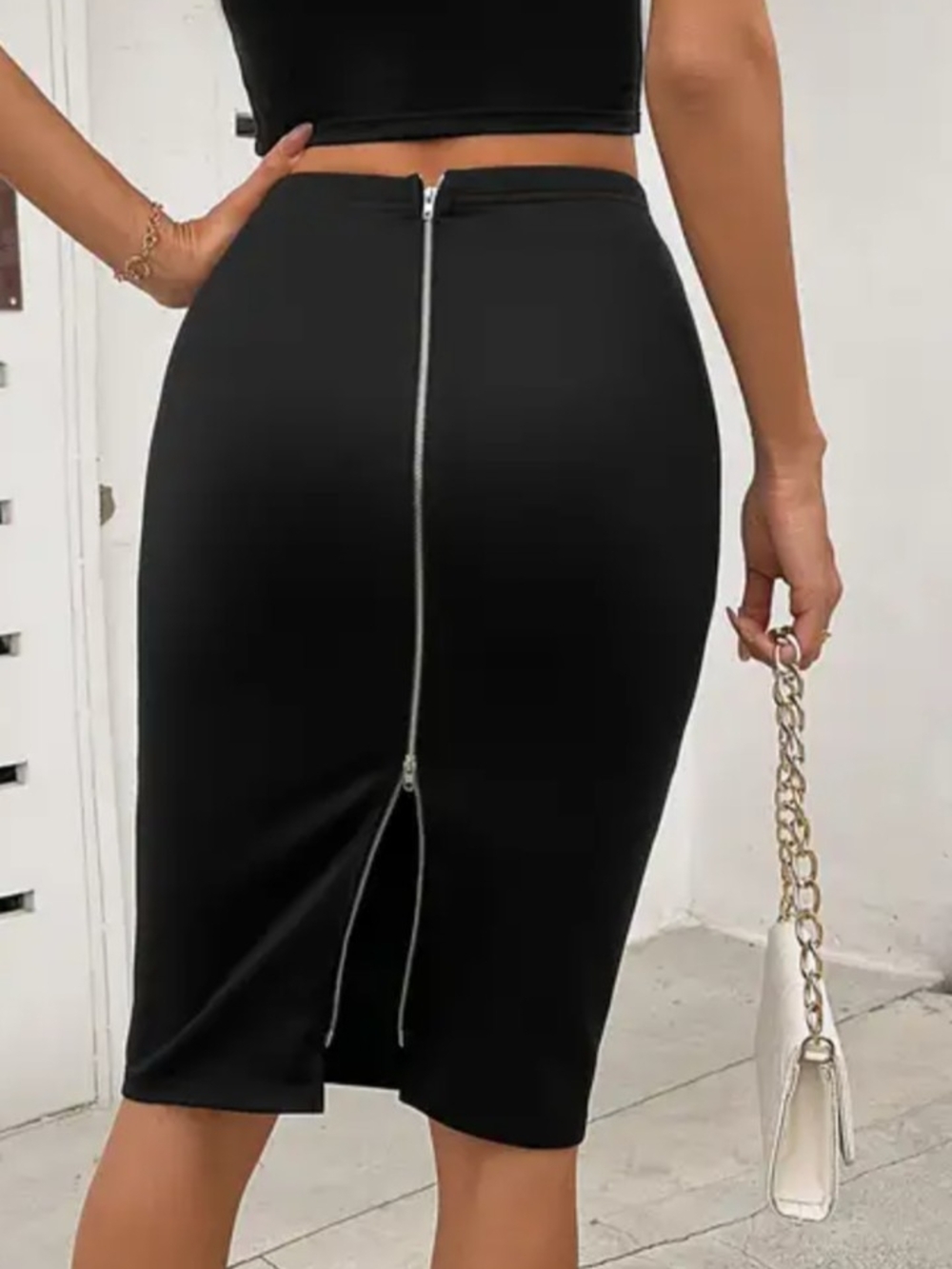 Black  Shiny Spandex StretchyHigh-Waist Zip-Back Pencil Skirt🍓🩷✨